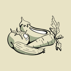 Vegetables collection realistic design. Cucumber, tomato, eggplant, carrot with leaves. Raw black and white outline veggies doodle cartoon style. Healthy food, organic concept. Vegan natural diet. 