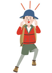 両手を口にかざして呼びかけるアウトドアスタイルの若い男性