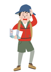 outdoor_base_white地図を持って困った様子のアウトドアスタイルの若い男性