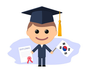 Cartoon graduate with graduation cap holds diploma and flag of South Korea