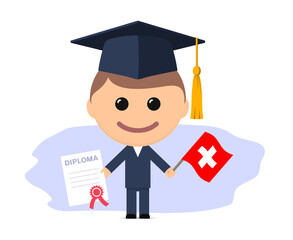 Cartoon graduate with graduation cap holds diploma and flag of Switzerland