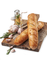 food photography of  loaf of bread, garlic baguette on wooden board side view on white isolated background