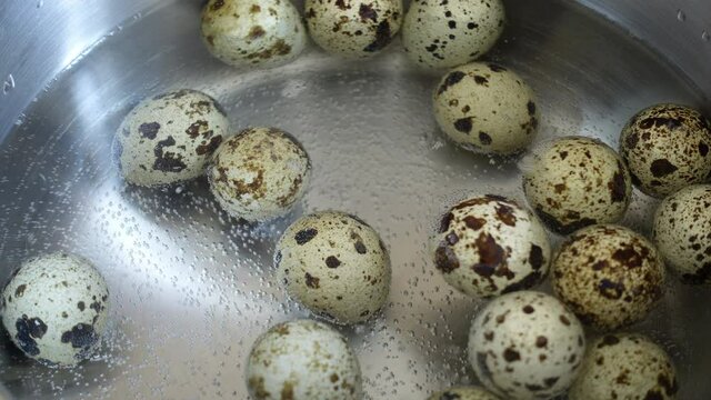 Boiling quail eggs on water. Cooking detail. Timelapse.