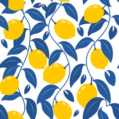 Tropical abstract seamless vector blue pattern with lemon, leaves. For printing and wallpaper.