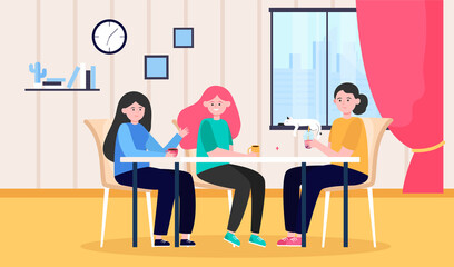 Smiling young girls sitting at table and drinking coffee. Cat, friend, tea flat vector illustration. Staying at home and friendship concept for banner, website design or landing web page