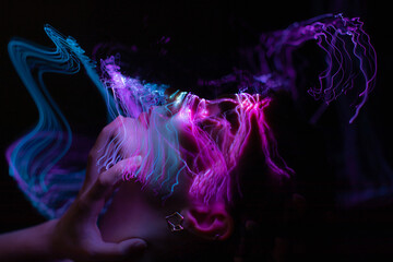 lightpainting portrait, new art direction, long exposure photo without photoshop, light drawing at long exposure	
