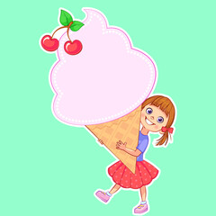 Invitation card with child and ice cream. Cute kids frame for your text. Decorative badge, greeting postcard, gift tag, banner. Figured sticker in the shape of ice cream. Isolated scrapbook element.