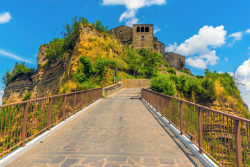 A close-up view towards the hilltop settlement of Civita di Bagnoregio in Lazio, Italy in summer