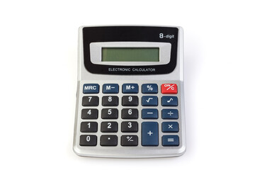 Silver calculator isolated on a white background. Silver-black calculator on a white background.