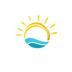 Vector logo with a yellow sun and blue sea waves. Vector logo