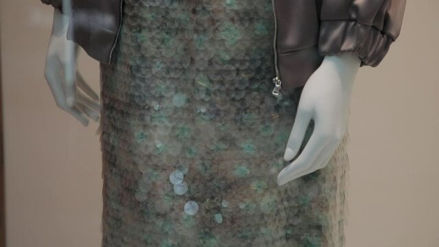 Female fashion outfit on a mannequin. Panorama of a stylish dress. Close-up of a fashionable suit. Fashion and Style. The dress is scales. Fish scale dress