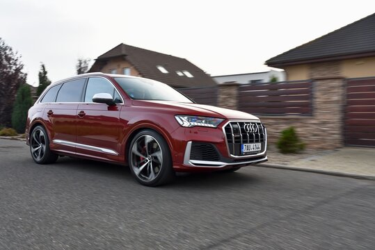 Audi S Q7. Luxury car in a residential area. Car while driving. 10-22-2019, Prague, Czech Republic.