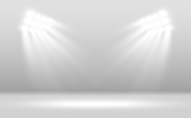 Stadium floodlights brightly illuminate evening or night sports games, concerts, shows, events. Isolated on a transparent background. Arenas of bright spotlights. Bright lights. Illuminated scene.