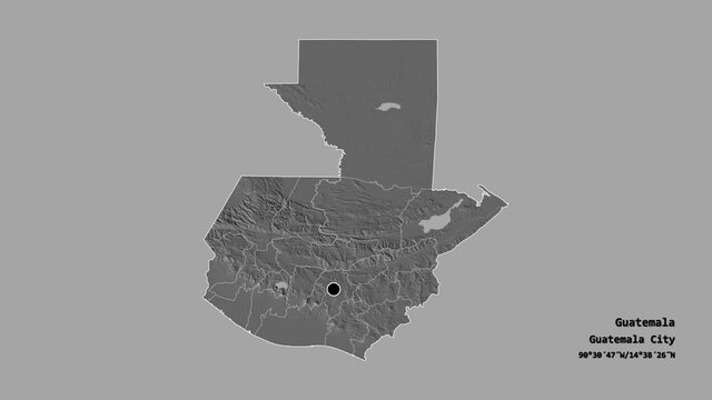 Totonicapán, department of Guatemala, with its capital, localized, outlined and zoomed with informative overlays on a bilevel map in the Stereographic projection. Animation 3D