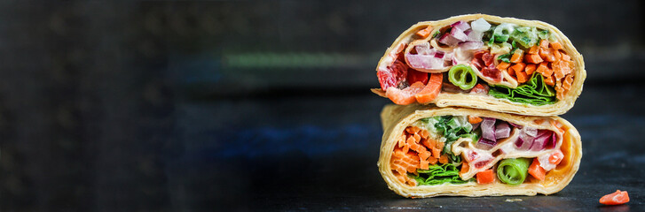 tortilla or burrito wrap stuffing vegetables vegetarian pita bread Menu concept Takeaway serving size. food background top view copy space organic 