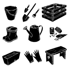 Style silhouette icon set with garden tool, collection isolated black elements on white background. Gardening tools. Vector illustration object, minimal, flat.