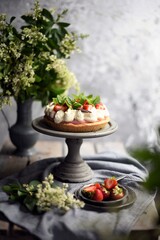 beautiful strawberry cake, cheesecake  with strawberry  With wooden background, copy space available.