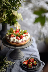 beautiful strawberry cake, cheesecake  with strawberry  With wooden background, copy space available.