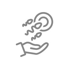 Egg and sperm on hand line icon. Parenthood healthcare, medical treatment, new embryo symbol
