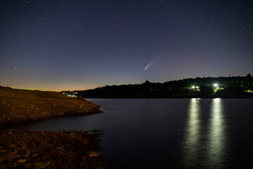viewpoints at night, comet NEOWISE from the Vilasouto reservoir in Galicia, Spain