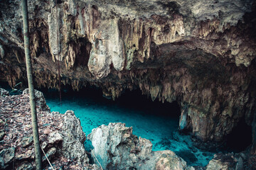 Bright Blue Water, Stone Cave Wall, and Jungle Vines of a Cenote