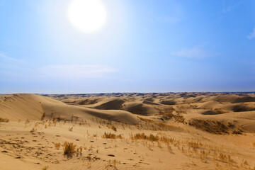 Fototapeta na wymiar Sand dunes in the Gobi Desert in Inner Mongolia, China. sandy desert with blue sky and apparent sun, few clouds, extraordinary travel scene, hostile and inhospitable places to live