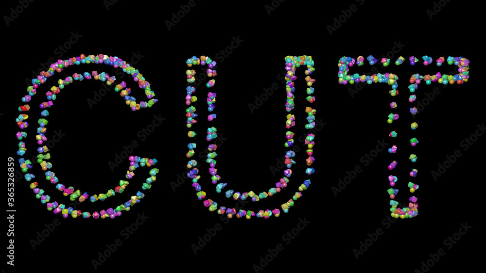 Poster cut written in 3d illustration by colorful small objects casting shadow on a black background. white