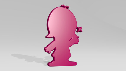 girl stand with shadow. 3D illustration of metallic sculpture over a white background with mild texture. beautiful and woman