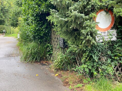 Verwildertes Gartentor um die Ecke ein Stra&szlig;enschild von Hecke zugewachsen