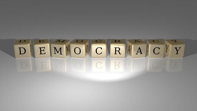 3D illustration of DEMOCRACY graphics and text made by metallic dice letters for the related meanings of the concept and presentations. flag and background