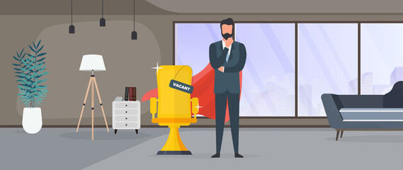 Vacant place. Businessman with red superhero cloak. Office. Gold office chair. The concept of open vacancy, search and recruitment of personnel, HR. Vector.