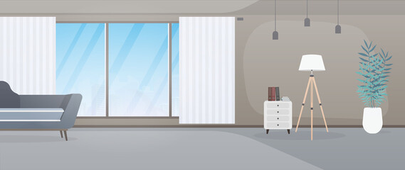 Empty office with a large panoramic window. Good for business design. Vector.
