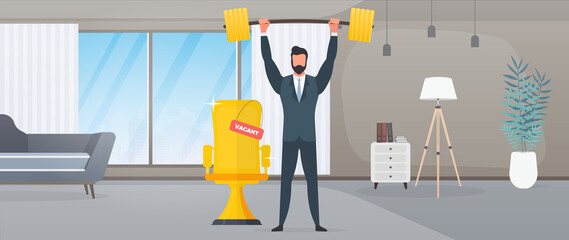 Vacant workplace. A businessman in a suit raises a barbell. Office. Gold office chair. The concept of an open vacancy, search and selection of personnel, HR. Vector.
