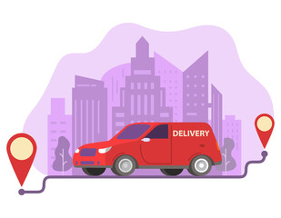 Delivery car carrying parcels on points.City skyline, skyscrapers.Delivery service.Vector illustration.