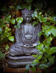Garden Buddha Figure Surrounded By Ivy