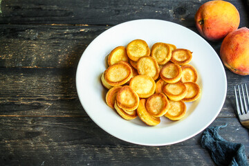 Mini pancakes cereal sweet breakfast snack dessert Menu serving. food background top view copy space