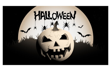 Scary Halloween illustration of a cracked pumpkin infront of nightly moon, bats and spiders.