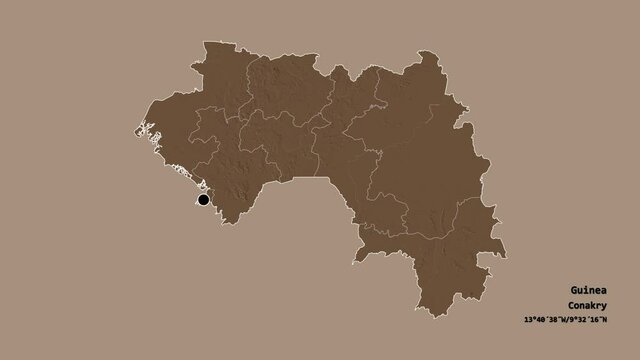 Mamou, region of Guinea, with its capital, localized, outlined and zoomed with informative overlays on a administrative map in the Stereographic projection. Animation 3D