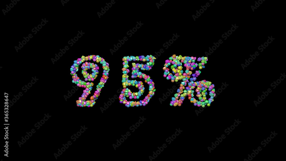 Poster % written in 3d illustration by colorful small objects casting shadow on a black background