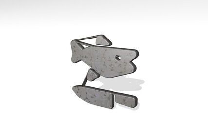 seafood tuna casting shadow with two lights. 3D illustration of metallic sculpture over a white background with mild texture. fish and fresh