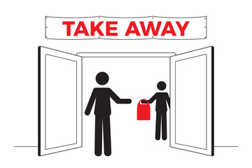 Human icon on front store with a banner sign of Take away. Service on coronavirus covid 19 outbreak. Vector illustration