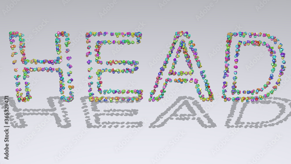Poster colorful 3d writting of head text with small objects over a white background and matching shadow. il