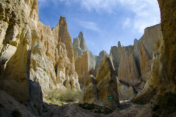 Inside view of Omarama Clay Cliffs, Canterbury, South Island, New Zealand