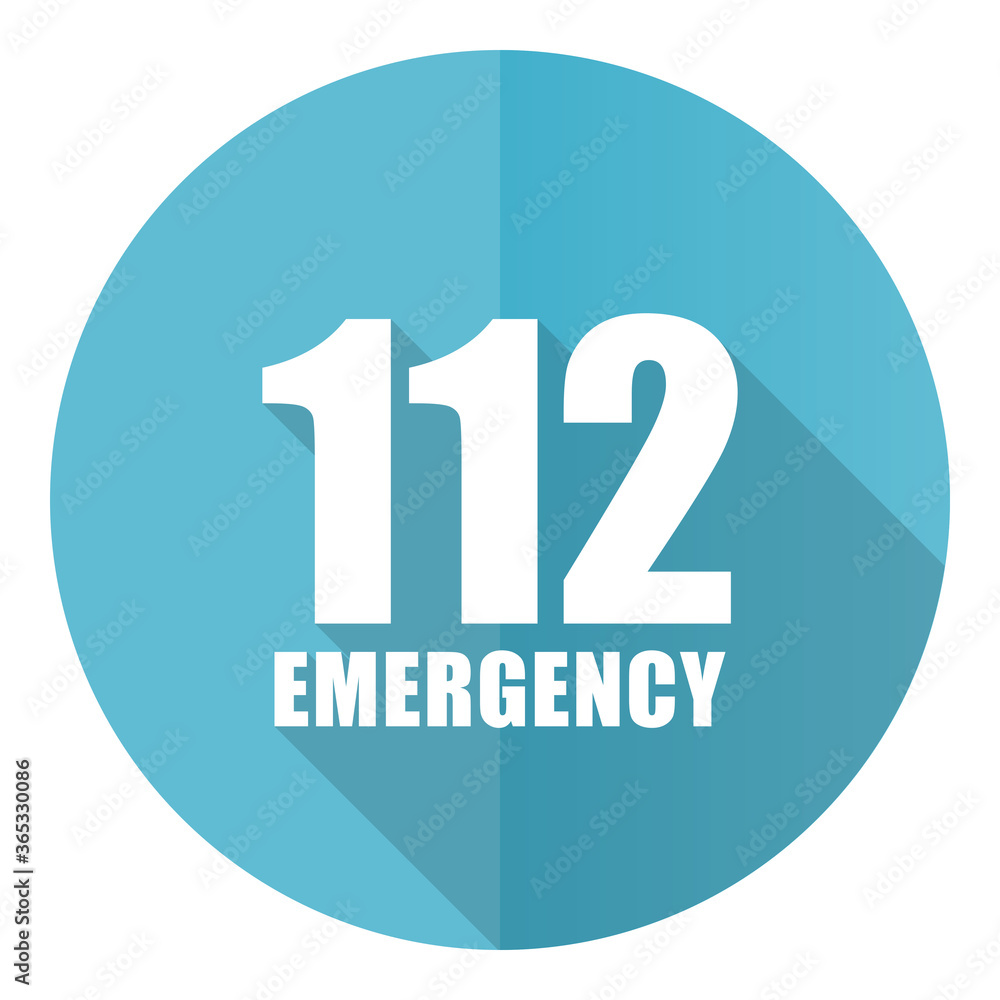 Poster Number emergency 112 vector icon, flat design blue round web button isolated on white background