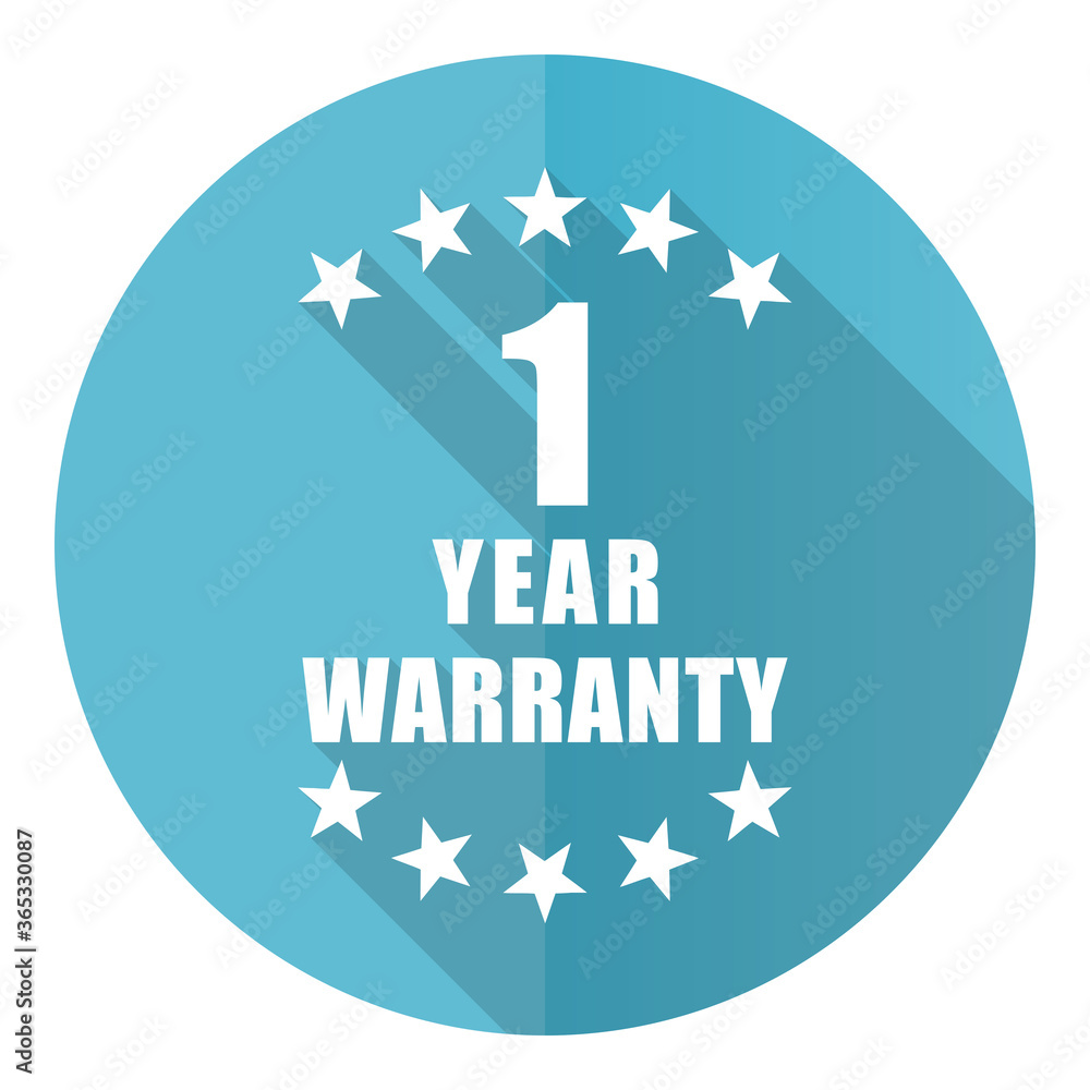 Poster warranty guarantee 1 year vector icon, flat design blue round web button isolated on white backgroun