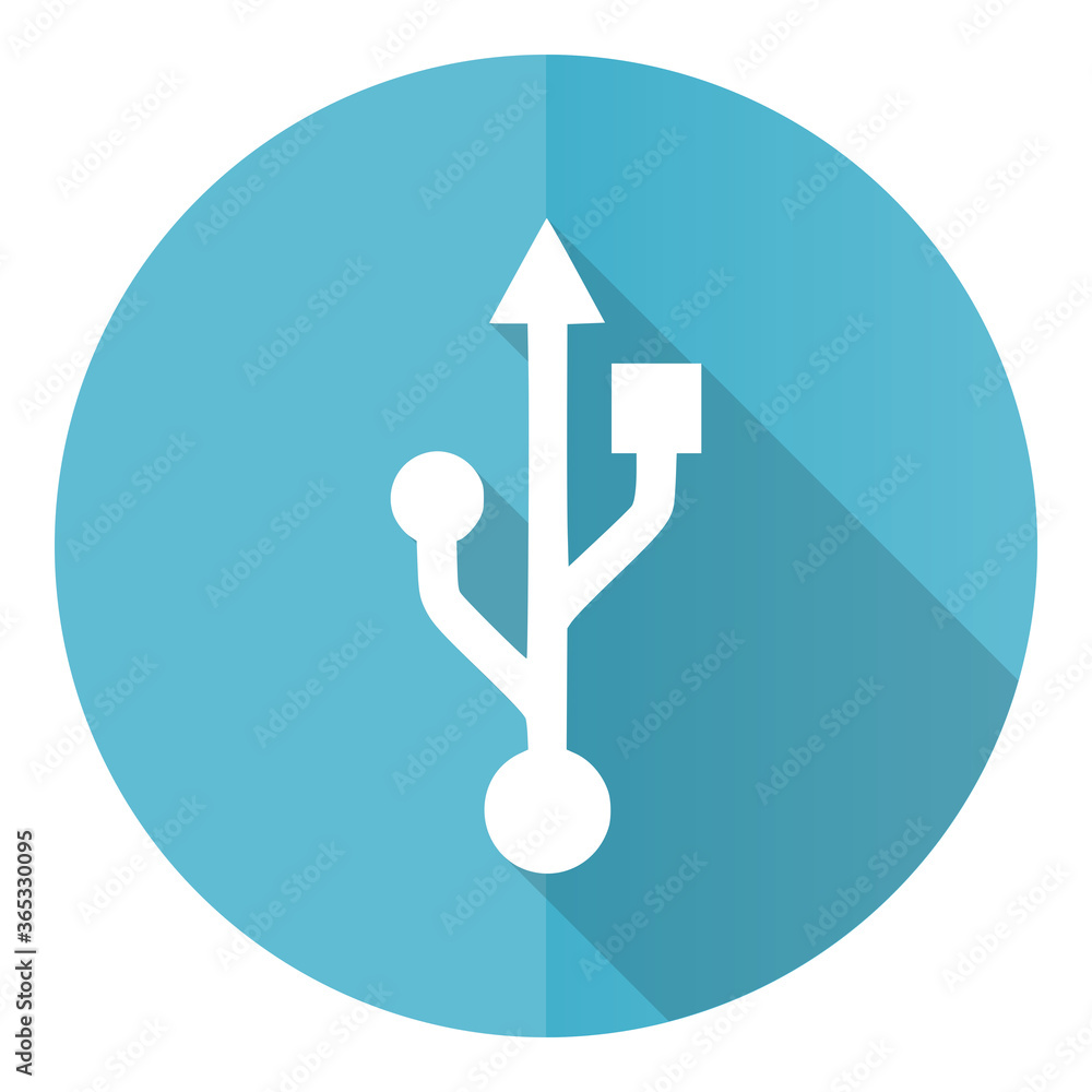 Poster Usb vector icon, flat design blue round web button isolated on white background