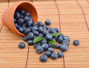 fresh blueberries in bowl on bamboo mat