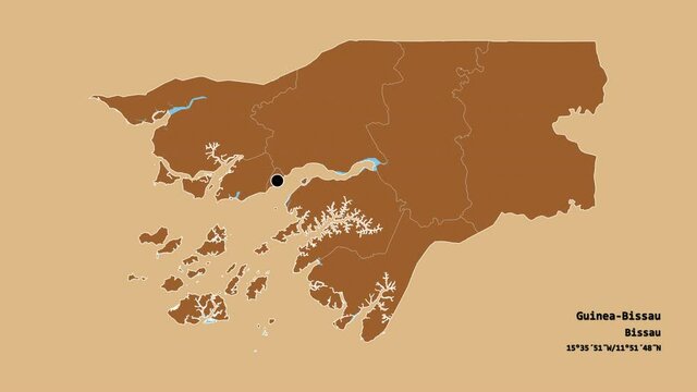 Cacheu, region of Guinea-Bissau, with its capital, localized, outlined and zoomed with informative overlays on a solid patterned map in the Stereographic projection. Animation 3D