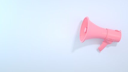 3d render of realistic isolated pink megaphone on pastel blue background. Advertisement idea. Conceptual illustration with copy space. 3D render.