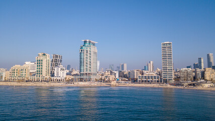 Fototapeta na wymiar Tel Aviv skyline. TLV coastline from a Mediterranean point of view